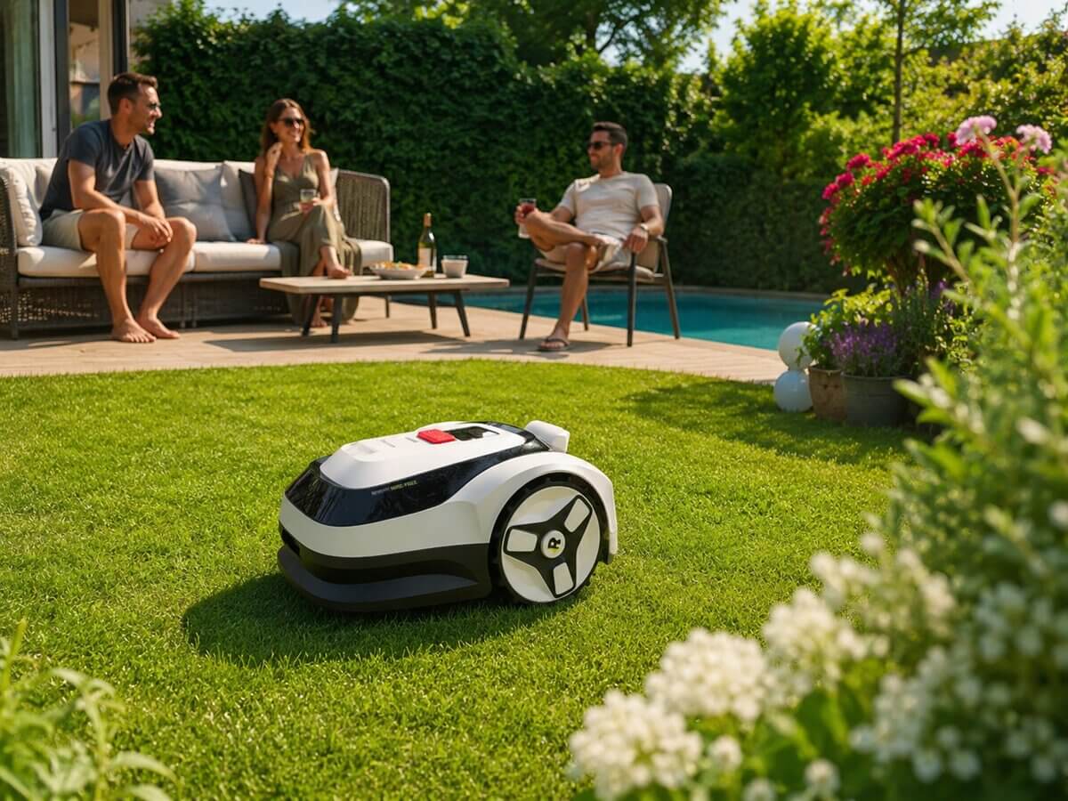 Kabelloser Mähroboter auf kleinem Rasen